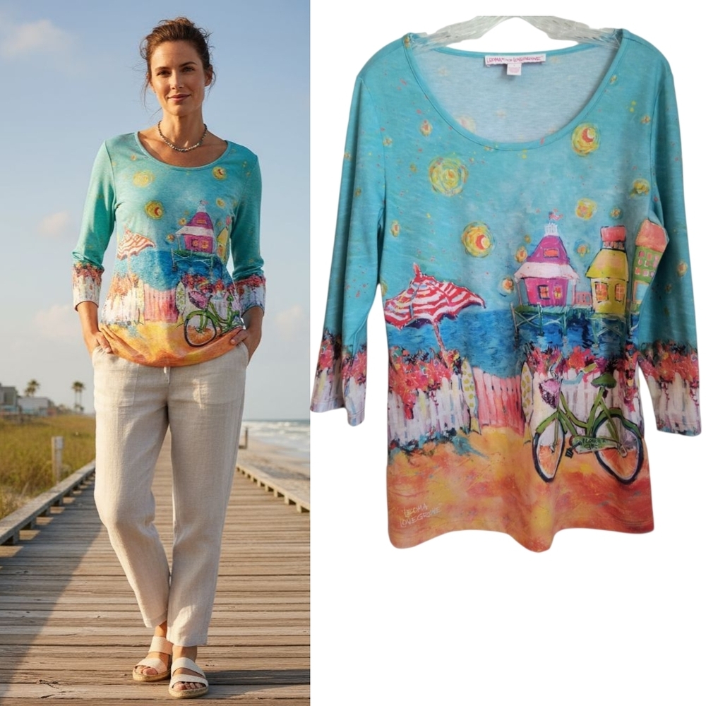 Leoma Lovegrove Tee Women's Size S Blue Beach Print  Jersey Knit  3/4 Sleeve